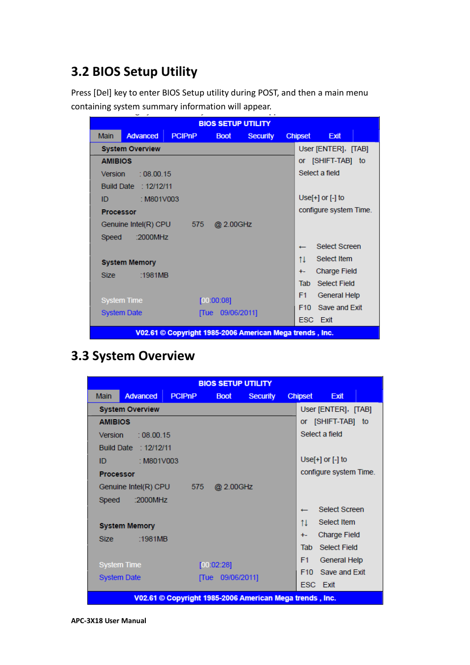 2 bios setup utility 3.3 system overview, 2 bios setup utility, 3 system overview | Aplex Technology APC-3218 User Manual | Page 47 / 102