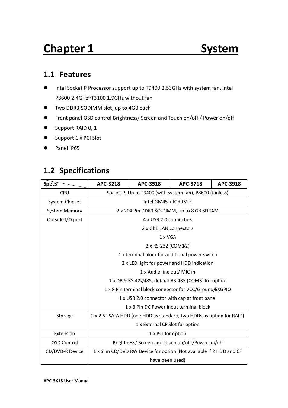 Chapter 1 system, 1 features, 2 specifications | Aplex Technology APC-3218 User Manual | Page 7 / 102