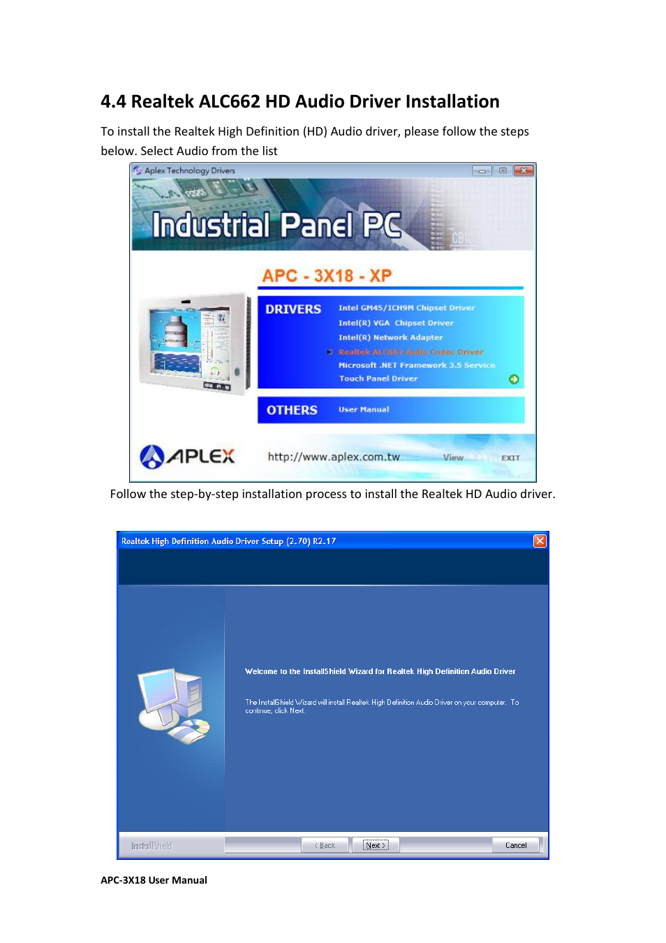 4 realtek alc662 hd audio driver installation | Aplex Technology APC-3218 User Manual | Page 82 / 102