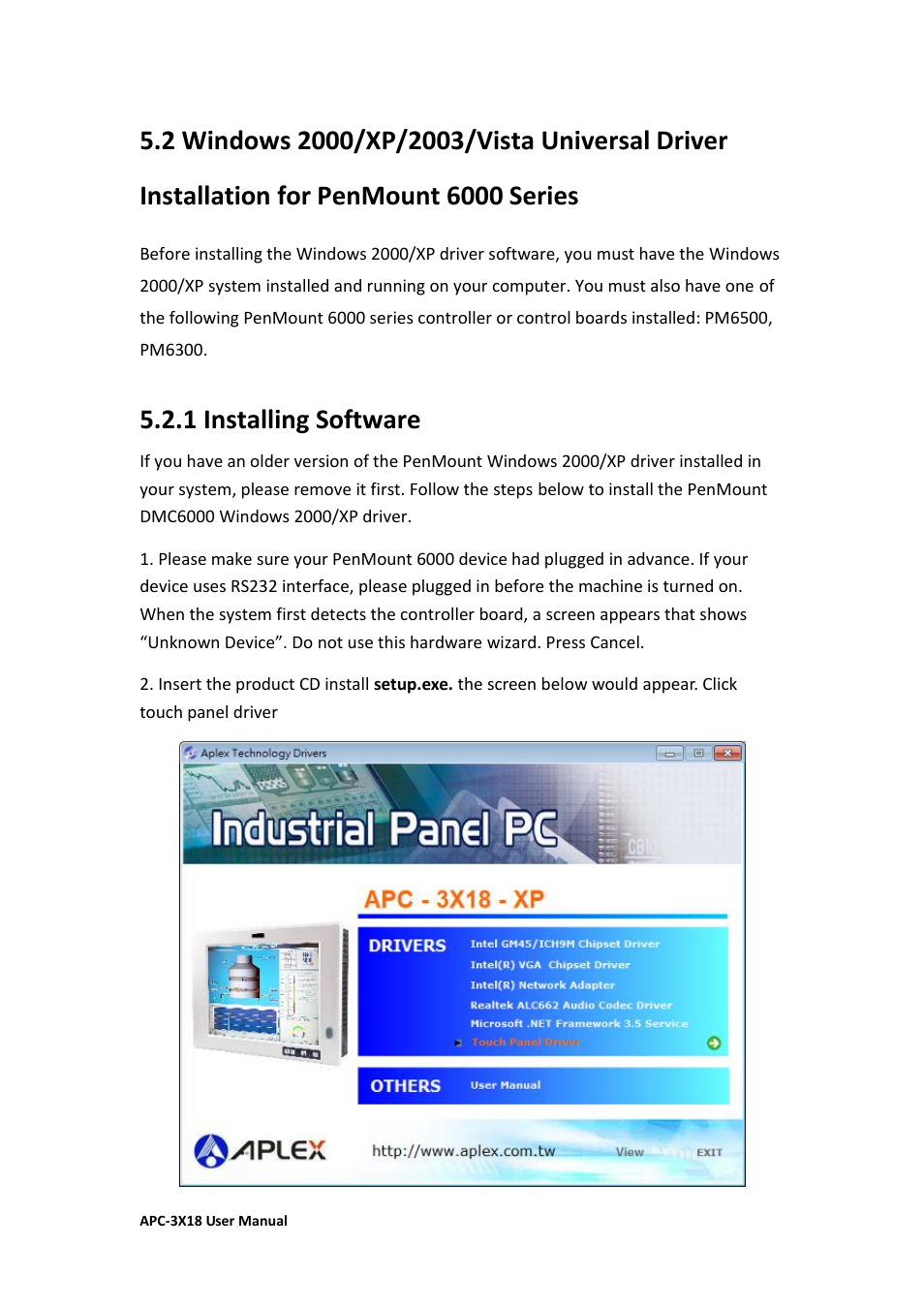 Penmount 6000 series………………………………………………………….88, 1 installing software | Aplex Technology APC-3218 User Manual | Page 88 / 102