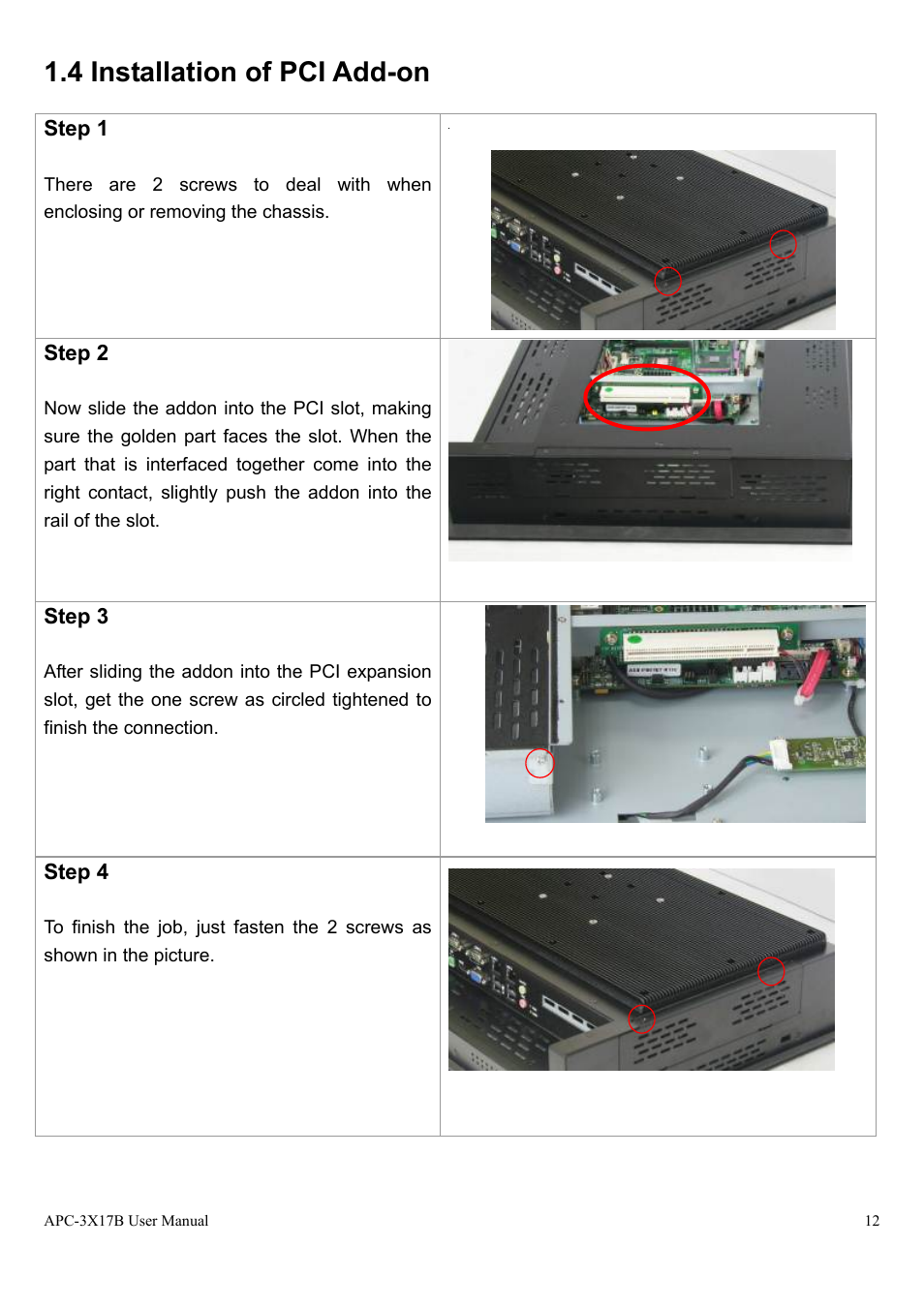 4 installation of pci add-on | Aplex Technology APC-3517B User Manual | Page 12 / 91
