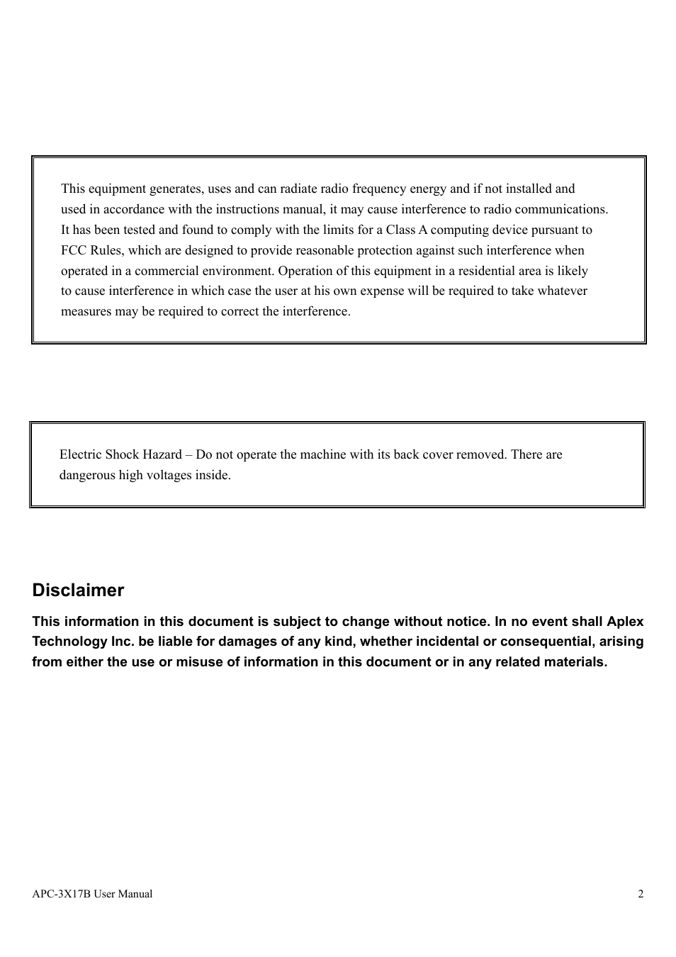 Warning, Disclaimer | Aplex Technology APC-3517B User Manual | Page 2 / 91