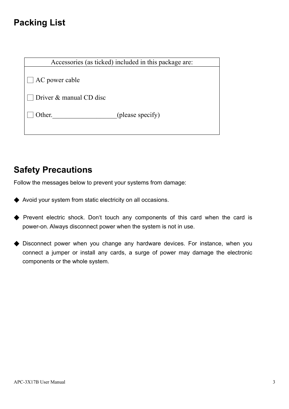 Packing list, Safety precautions | Aplex Technology APC-3517B User Manual | Page 3 / 91
