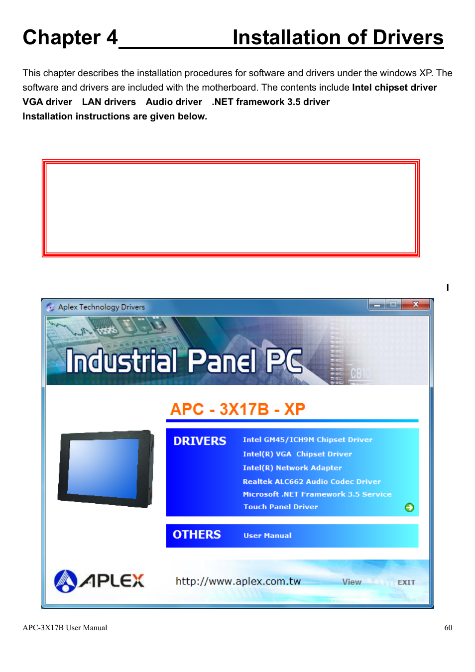 Chapter 4 installation of drivers | Aplex Technology APC-3517B User Manual | Page 60 / 91