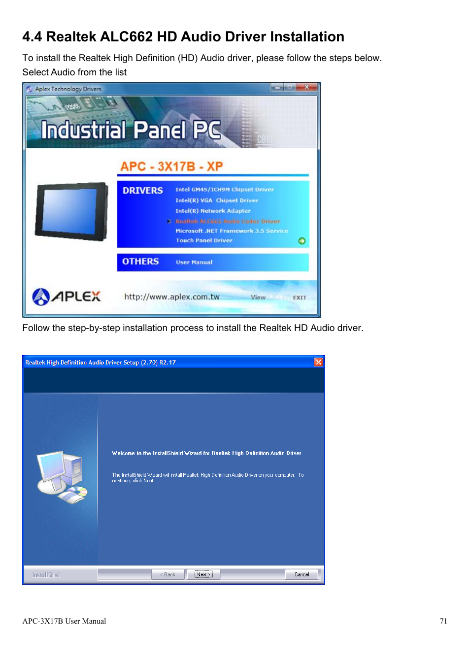 4 realtek alc662 hd audio driver installation | Aplex Technology APC-3517B User Manual | Page 71 / 91