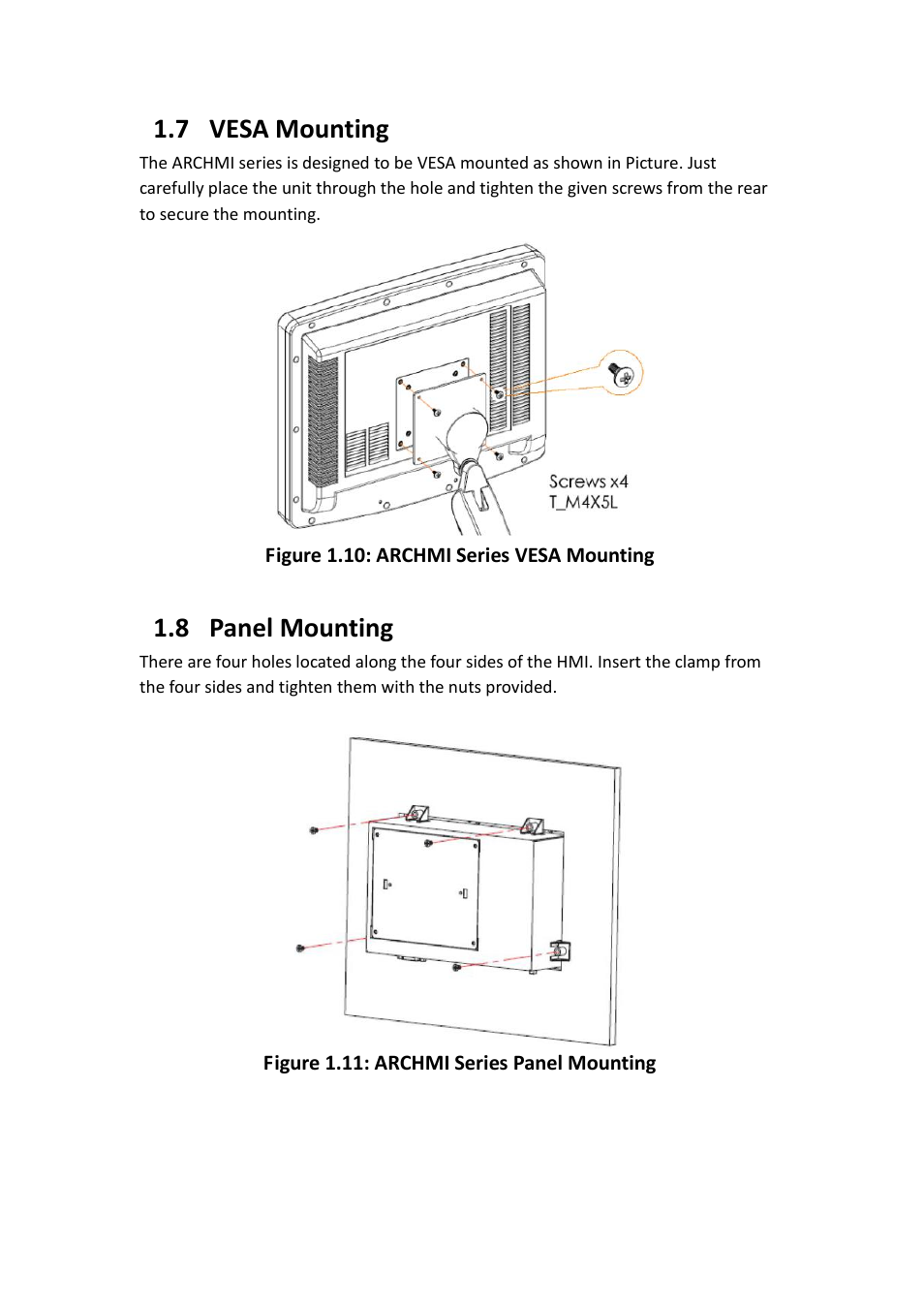 7 vesa mounting, 8 panel mounting | Aplex Technology ARCHMI-707 User Manual | Page 23 / 108