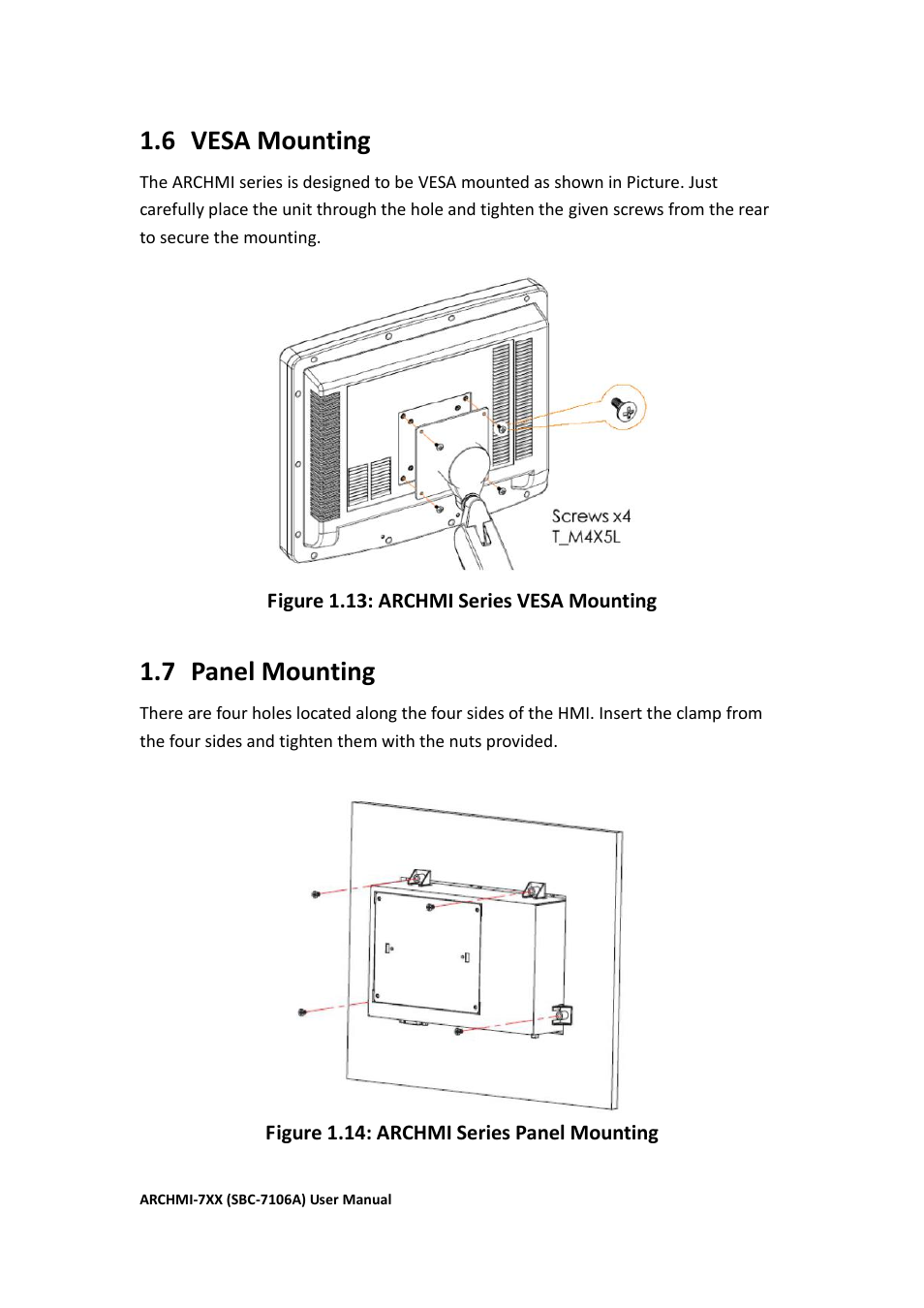 Vesa mounting, Panel mounting……………………………………………………………….21, 6 vesa mounting | 7 panel mounting | Aplex Technology ARCHMI-716 User Manual | Page 22 / 114