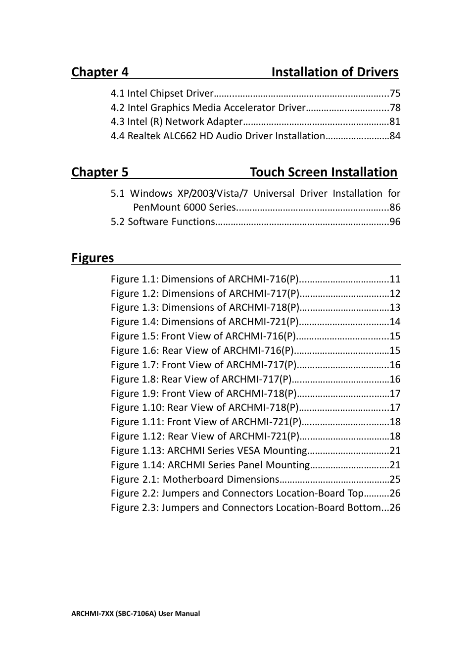 Chapter 4 installation of drivers, Chapter 5 touch screen installation, Figures | Aplex Technology ARCHMI-716 User Manual | Page 8 / 114