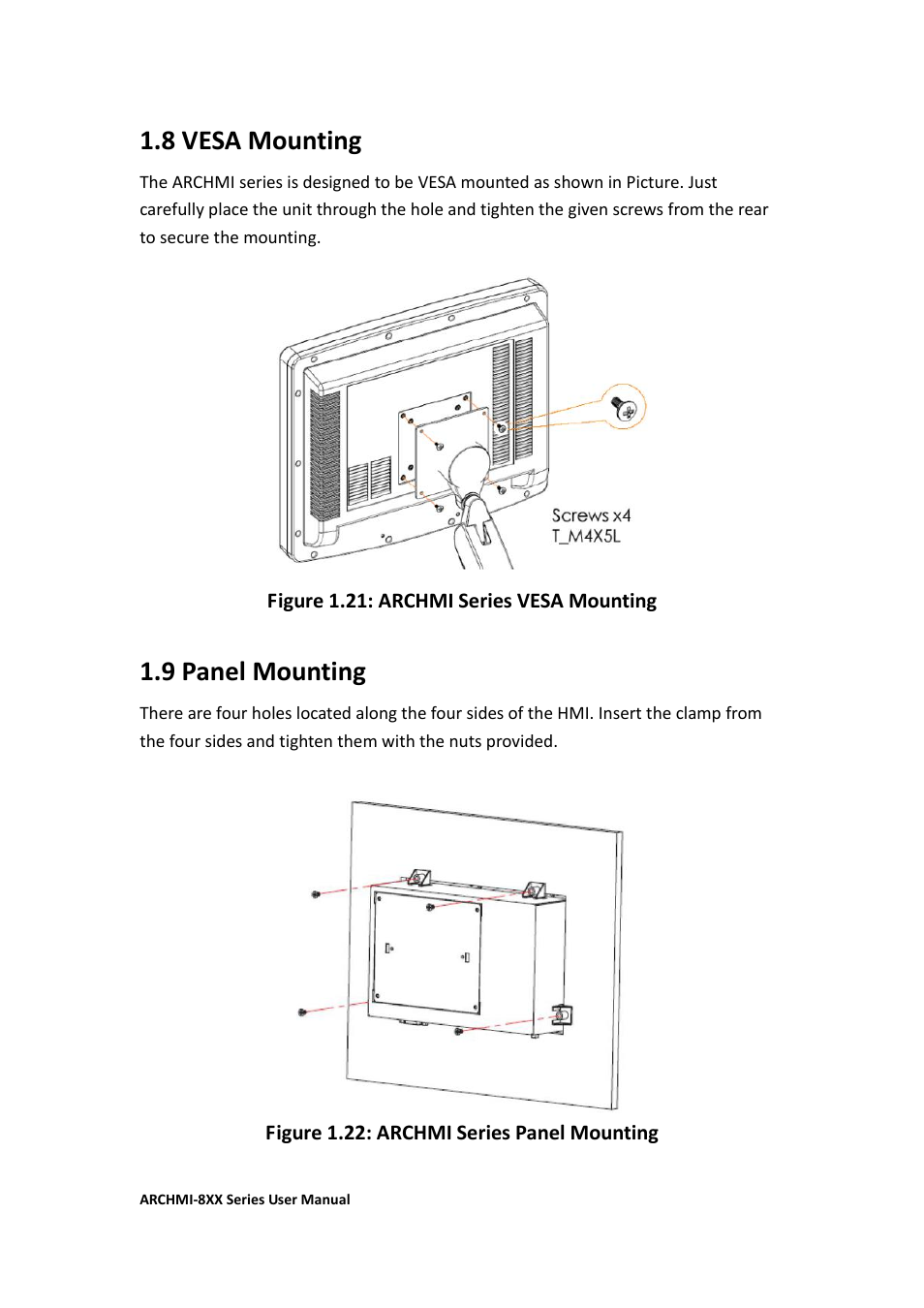 8 vesa mounting, 9 panel mounting | Aplex Technology ARCHMI-807 User Manual | Page 28 / 121