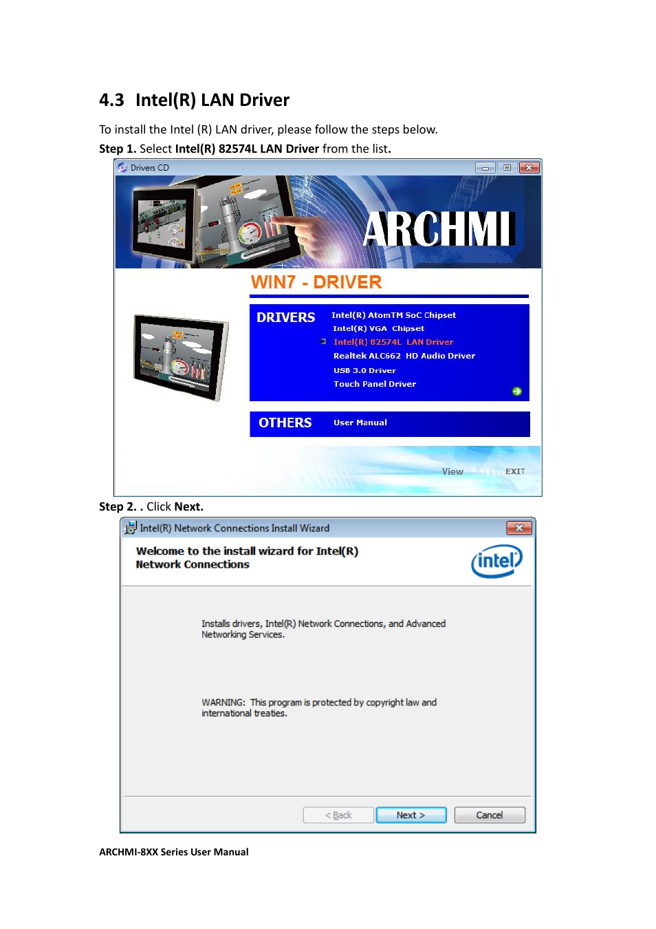 3 intel (r) lan driver, 3 intel(r) lan driver | Aplex Technology ARCHMI-807 User Manual | Page 86 / 121