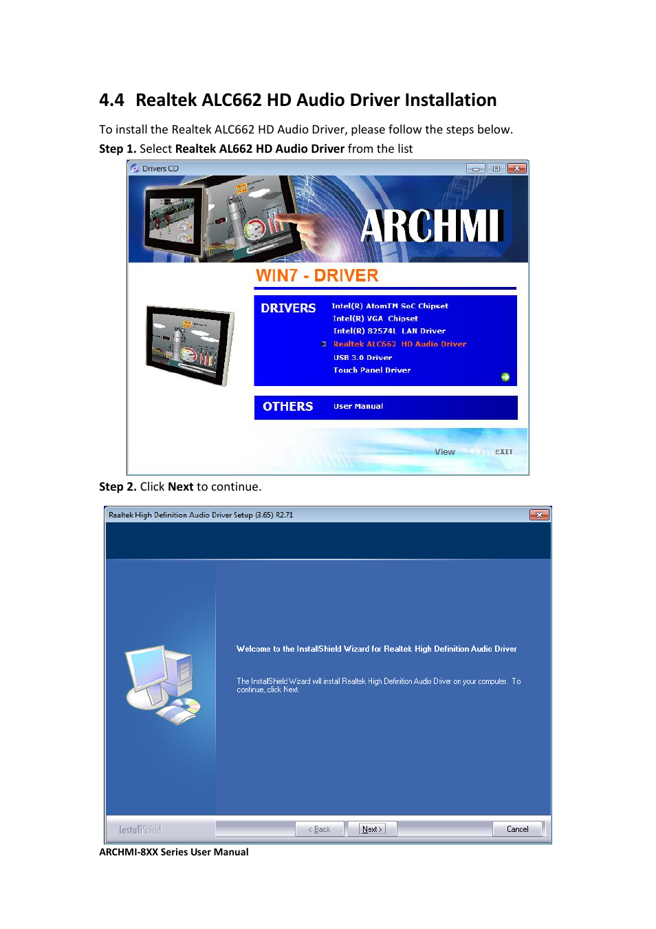 4 realtek alc662 hd audio driver installation | Aplex Technology ARCHMI-807 User Manual | Page 89 / 121