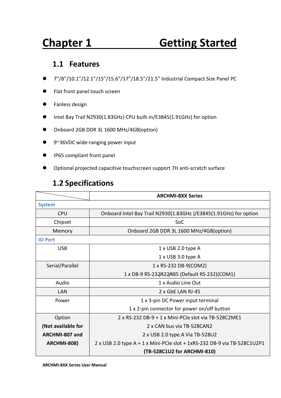 Chapter 1 getting started, 1 features, 2 specifications…………………...………………………………………………….8 | 2 specifications | Aplex Technology ARCHMI-807 User Manual | Page 9 / 121