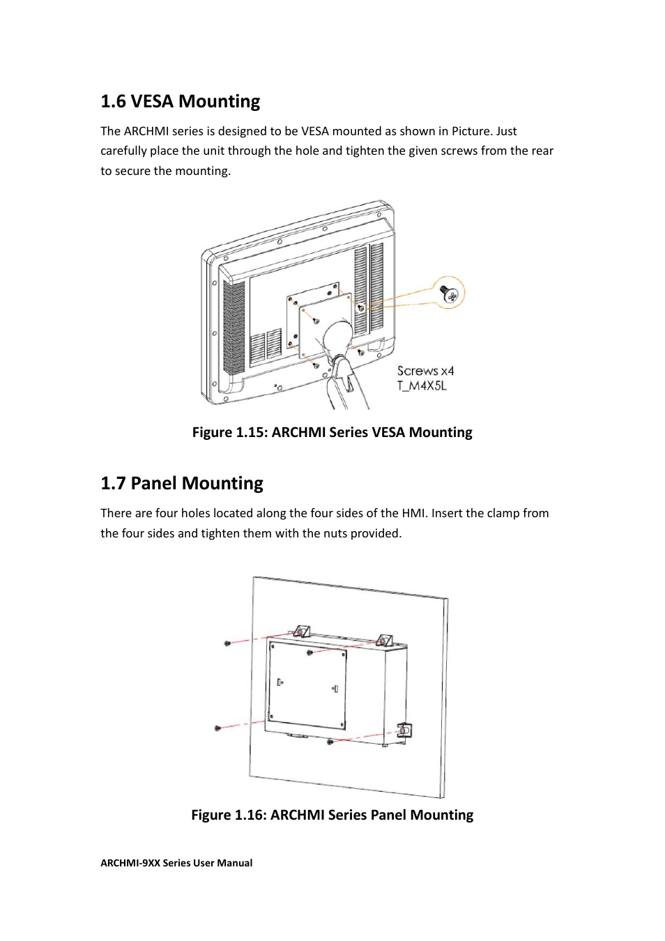 6 vesa mounting, 7 panel mounting | Aplex Technology ARCHMI-912 User Manual | Page 21 / 114