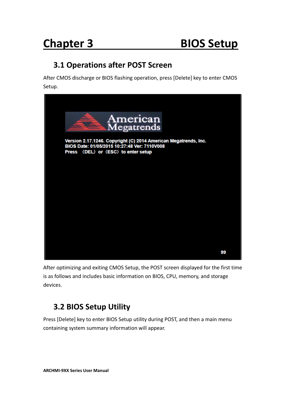 Chapter 3 bios setup, 2 bios setup utility……………………………..………………………………….56, 1 operations after post screen | 2 bios setup utility | Aplex Technology ARCHMI-912 User Manual | Page 57 / 114