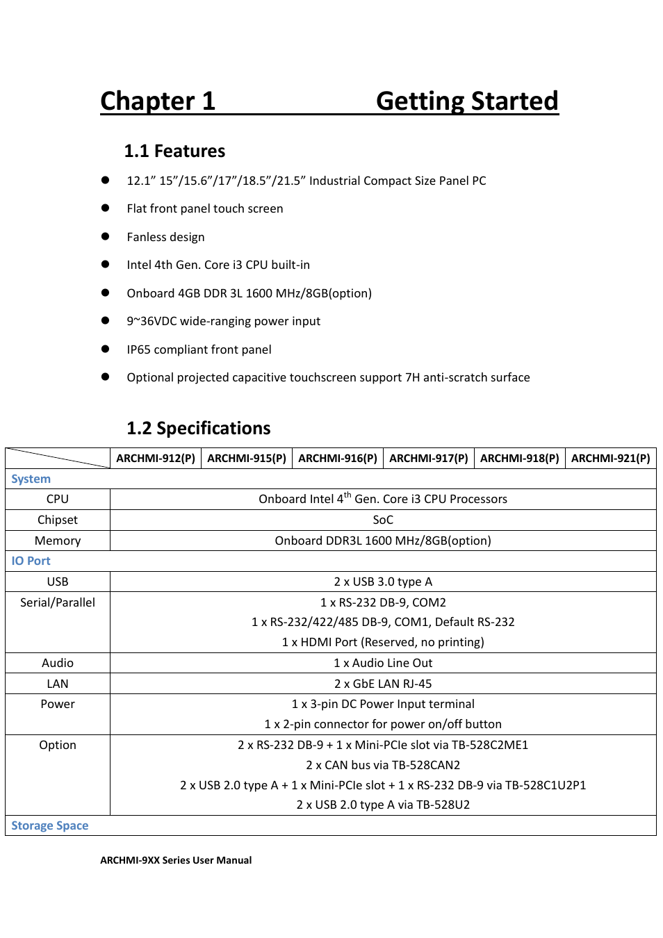 Chapter 1 getting started, 1 features, 2 specifications | Aplex Technology ARCHMI-912 User Manual | Page 9 / 114