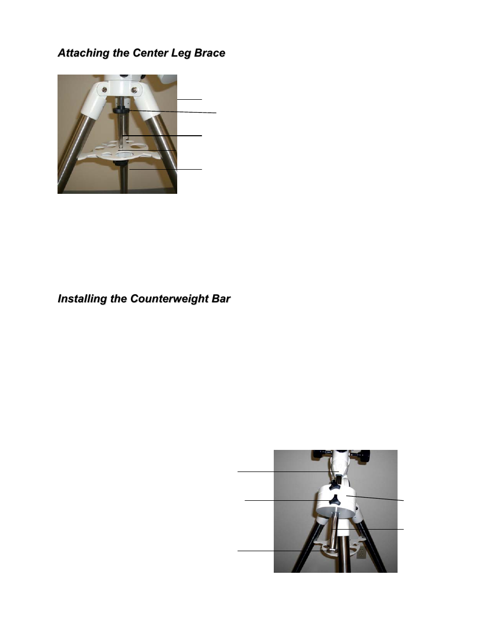 Attaching the center leg brace, Installing the counterweight bar | Celestron XLT series User Manual | Page 10 / 60