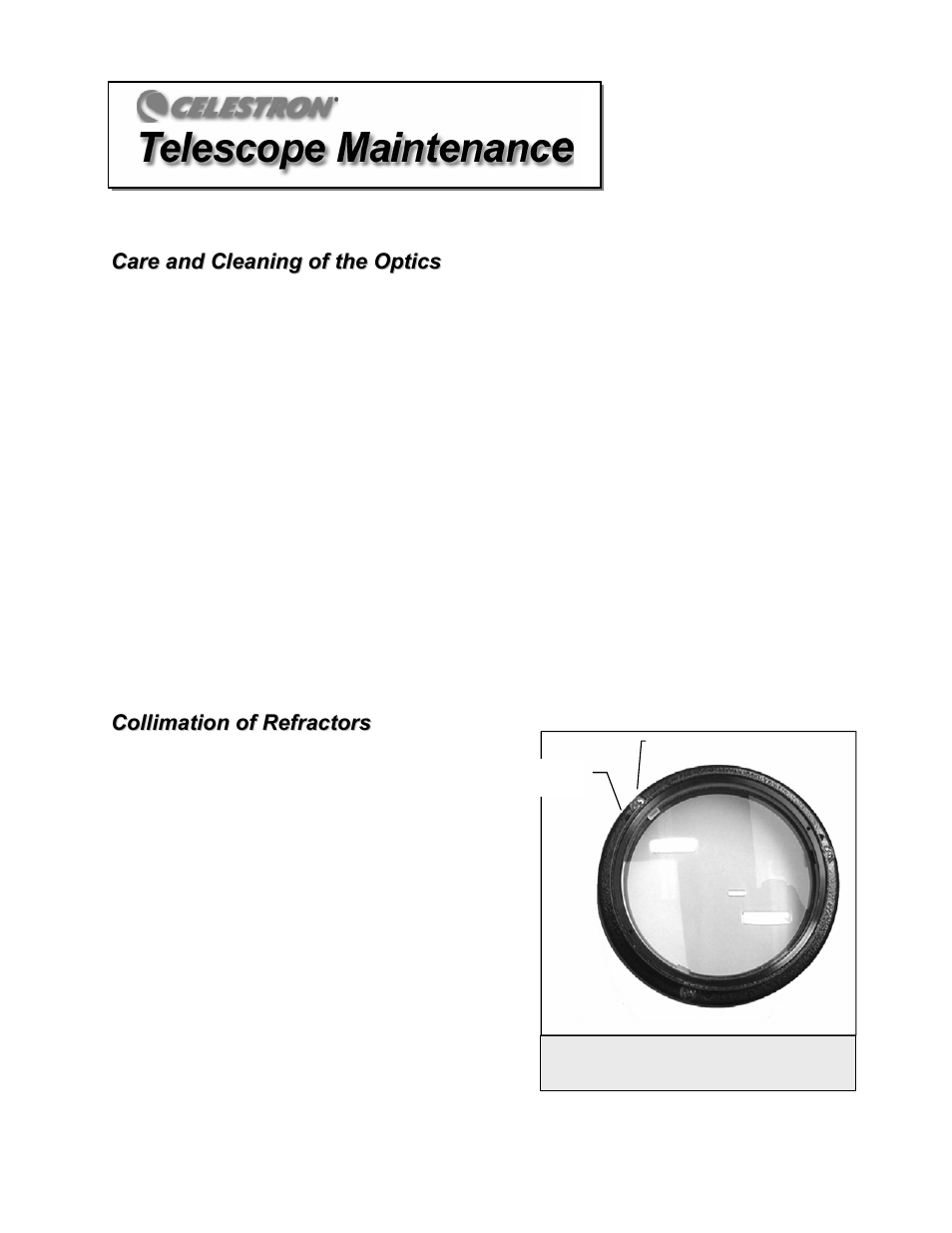 Care and cleaning of the optics, Collimation of refractors, Telescope maintenance | Celestron XLT series User Manual | Page 39 / 60