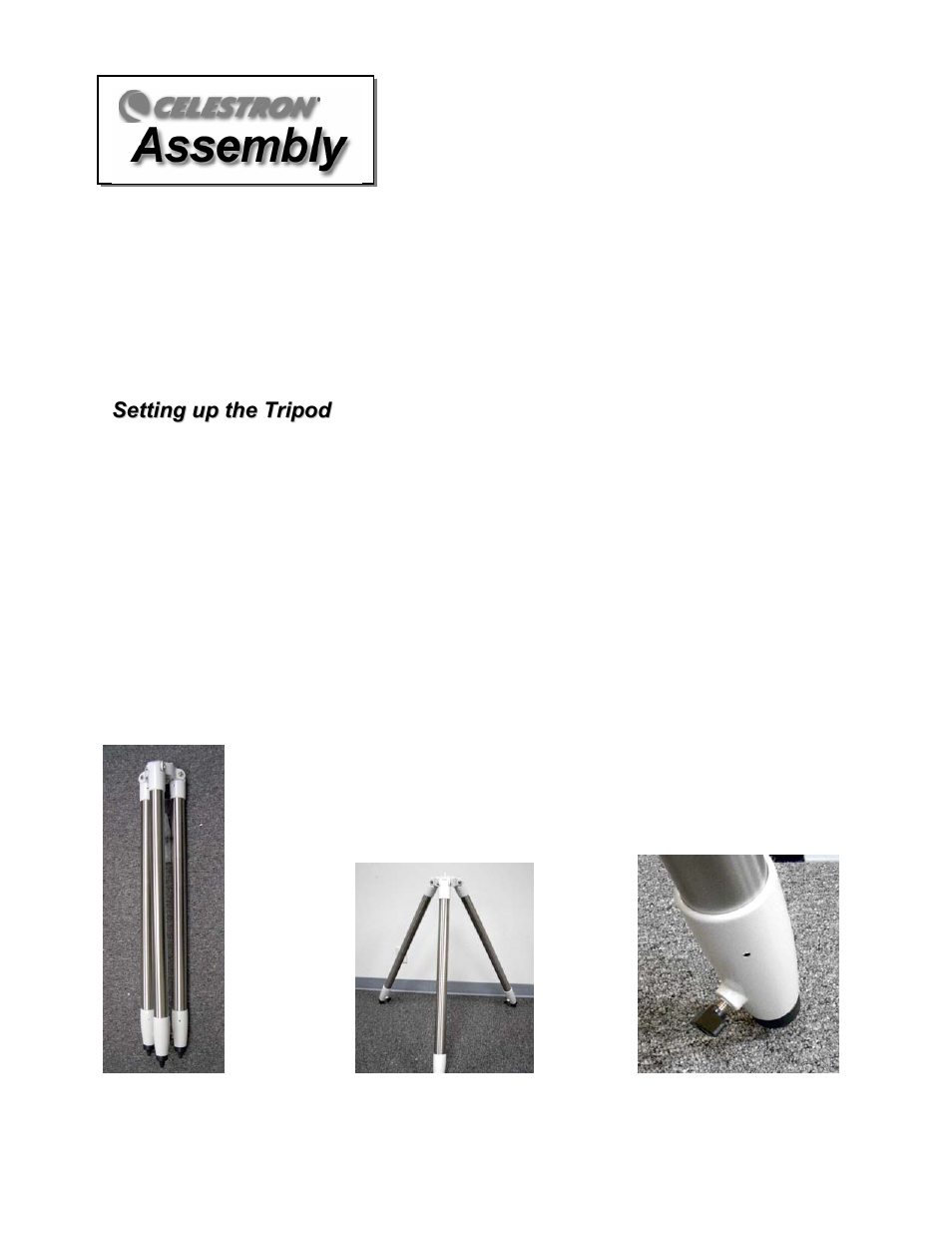 Setting up the tripod, Assembly | Celestron XLT series User Manual | Page 8 / 60