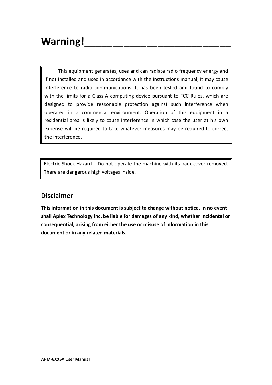 Warning, Disclaimer | Aplex Technology AHM-6086A User Manual | Page 3 / 89