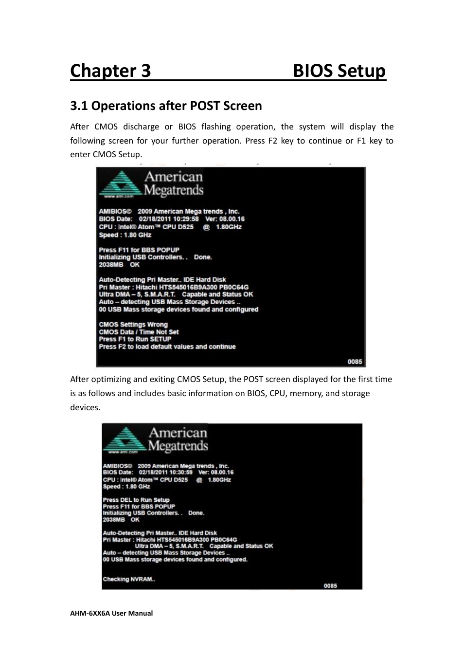 Chapter 3 bios setup, 1 operations after post screen | Aplex Technology AHM-6086A User Manual | Page 32 / 89