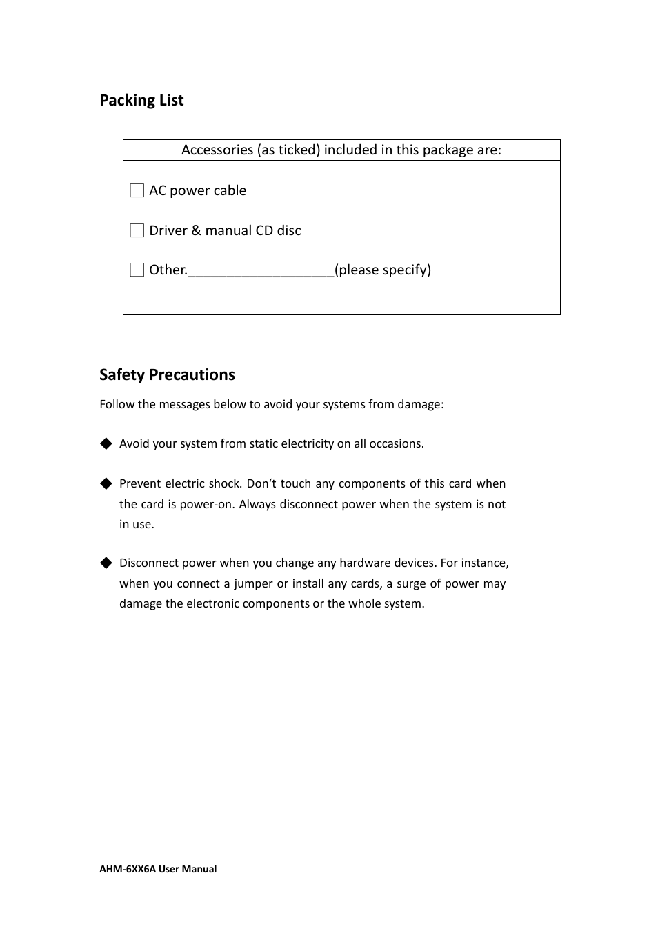 Packing list, Safety precautions | Aplex Technology AHM-6086A User Manual | Page 4 / 89