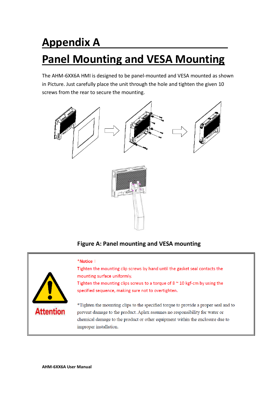Appendix a panel mounting and vesa mounting | Aplex Technology AHM-6086A User Manual | Page 89 / 89
