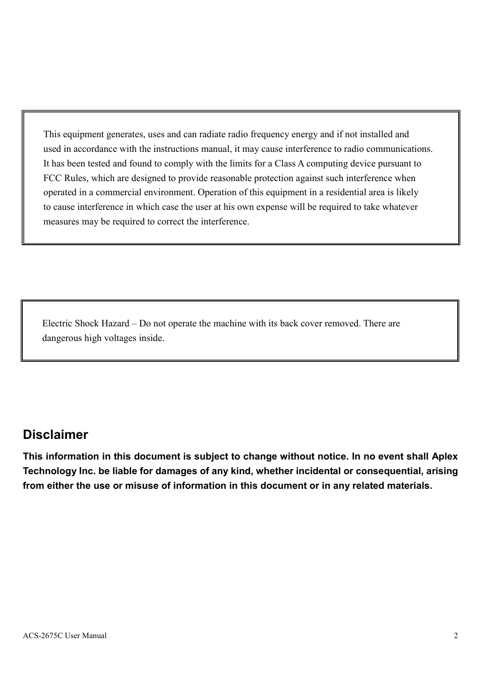 Warning, Disclaimer | Aplex Technology ACS-2675C User Manual | Page 2 / 73
