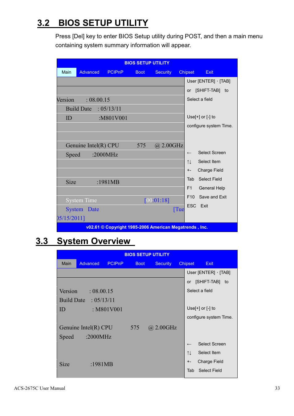 2 bios setup utility, 3 system overview | Aplex Technology ACS-2675C User Manual | Page 33 / 73