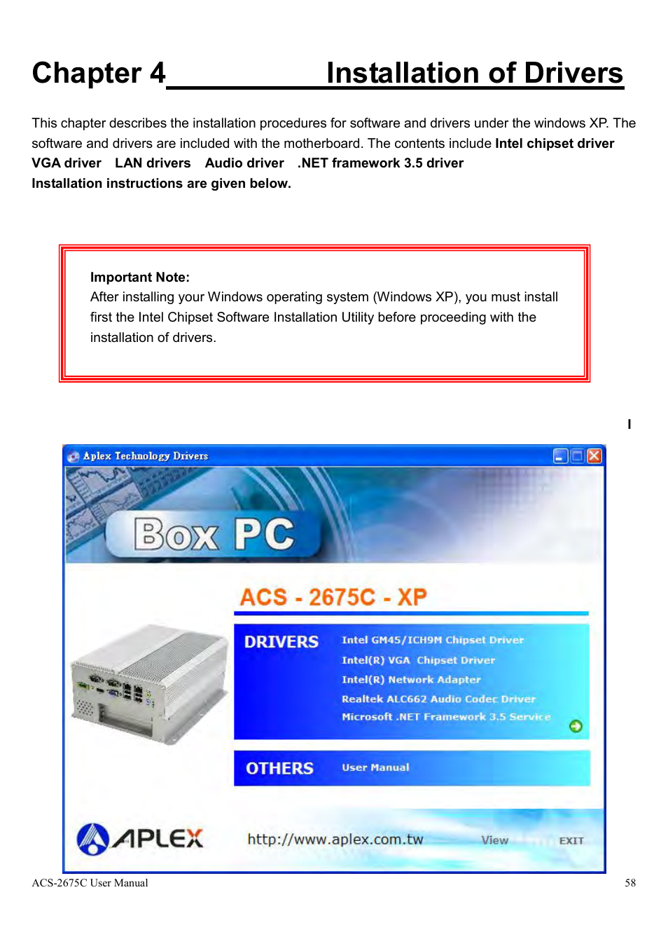 Chapter 4 installation of drivers | Aplex Technology ACS-2675C User Manual | Page 58 / 73