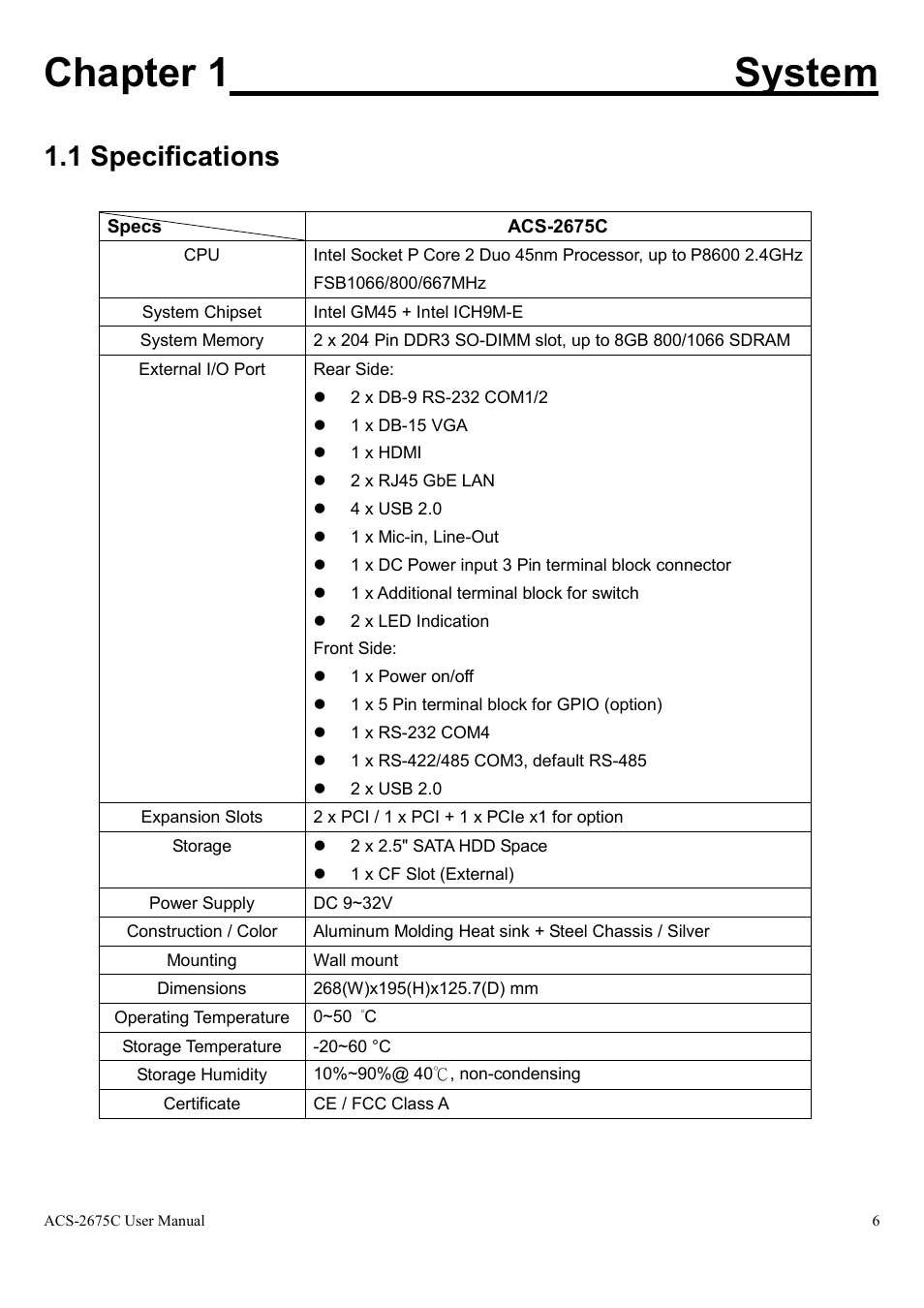 1 specifications, Chapter 1 system | Aplex Technology ACS-2675C User Manual | Page 6 / 73