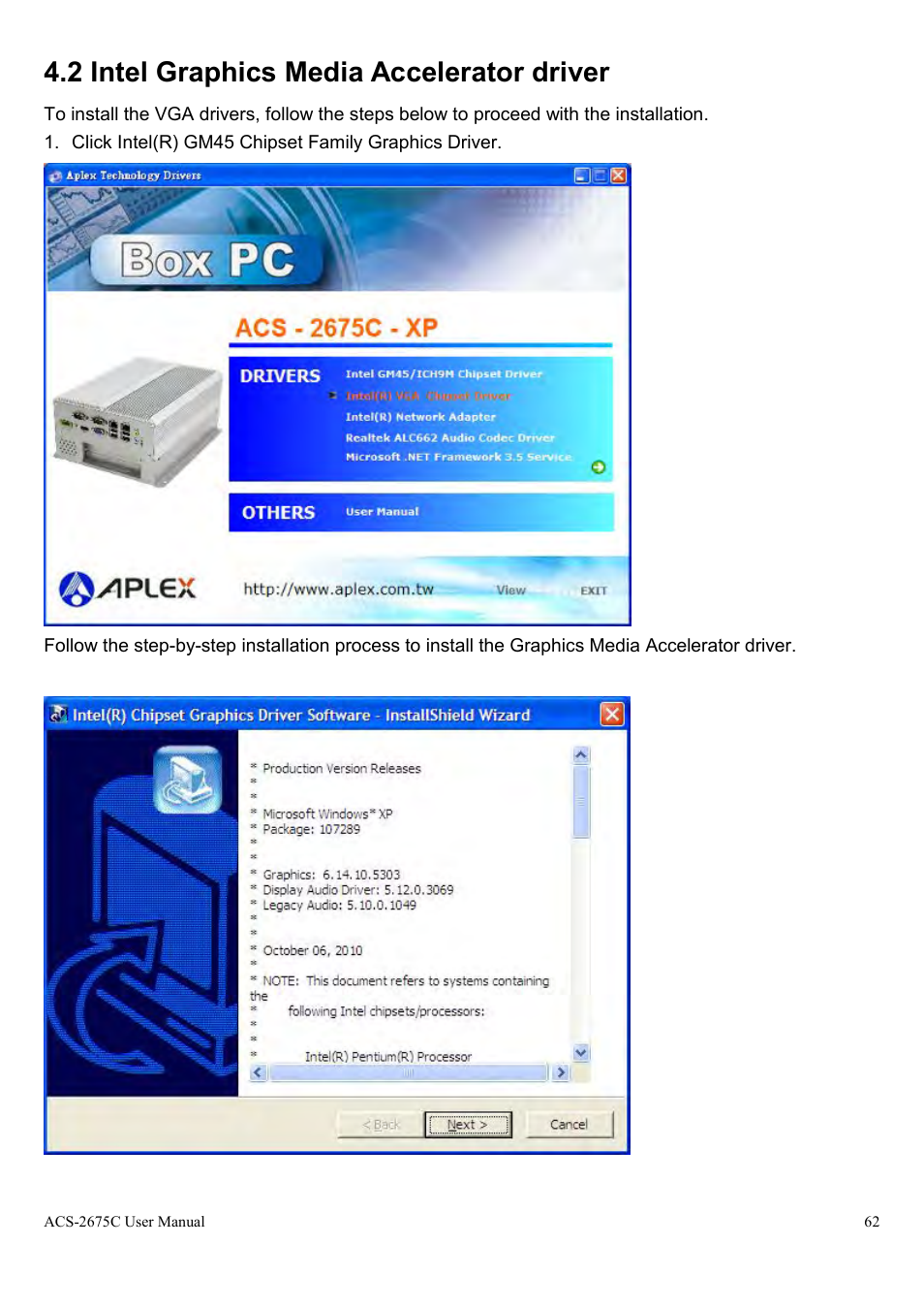 2 intel graphics media accelerator driver | Aplex Technology ACS-2675C User Manual | Page 62 / 73