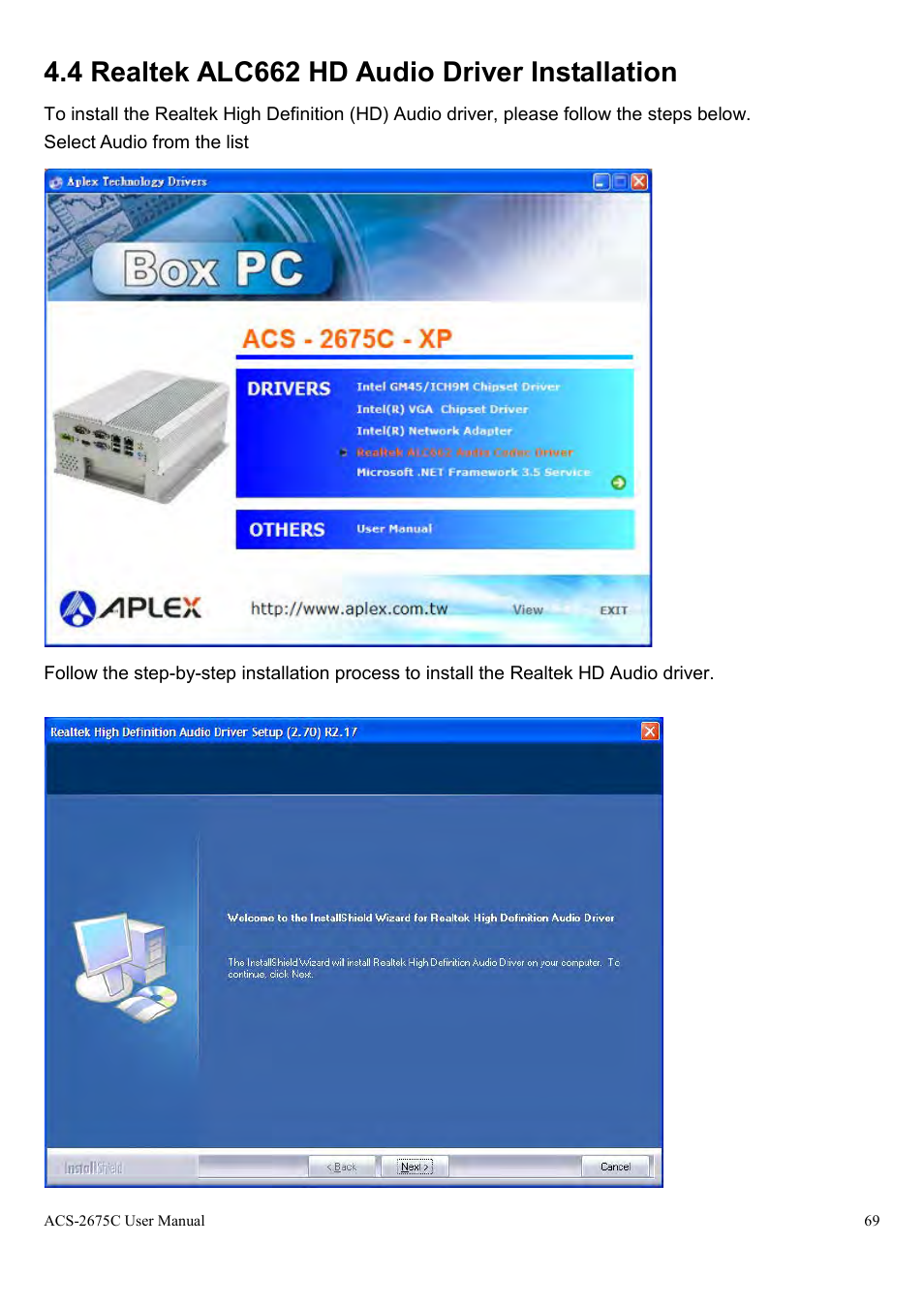 4 realtek alc662 hd audio driver installation | Aplex Technology ACS-2675C User Manual | Page 69 / 73