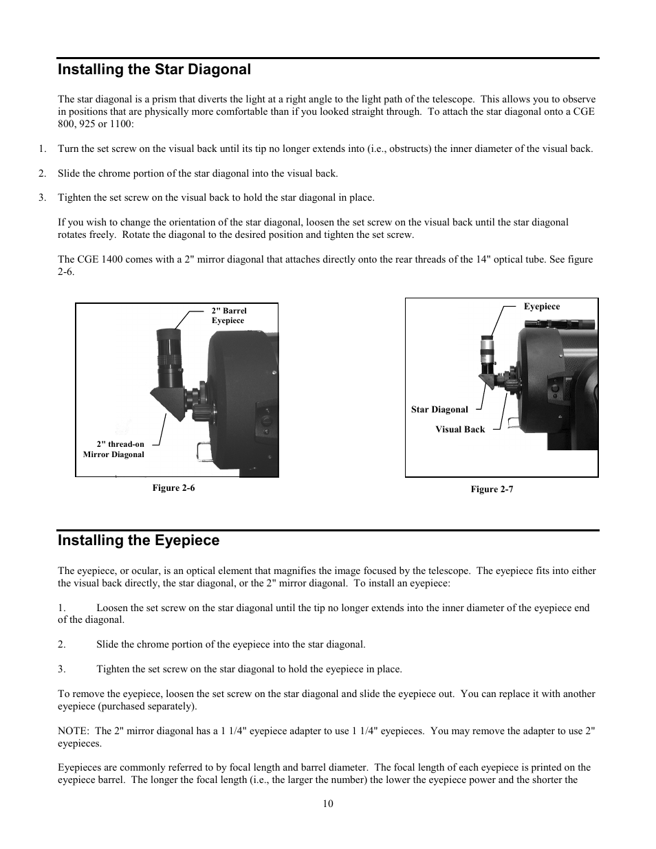 Installing the star diagonal, Installing the eyepiece | Celestron CGE1100 User Manual | Page 10 / 75