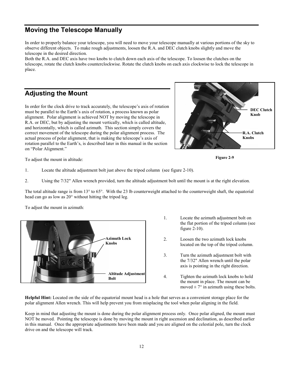 Moving the telescope manually, Adjusting the mount | Celestron CGE1100 User Manual | Page 12 / 75