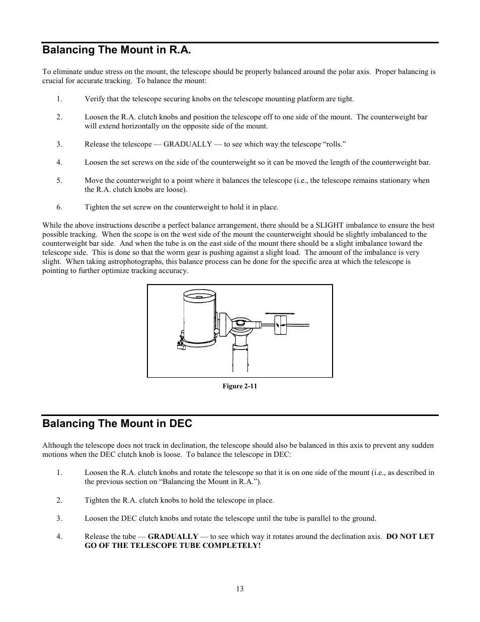 Balancing the mount in r.a, Balancing the mount in dec | Celestron CGE1100 User Manual | Page 13 / 75