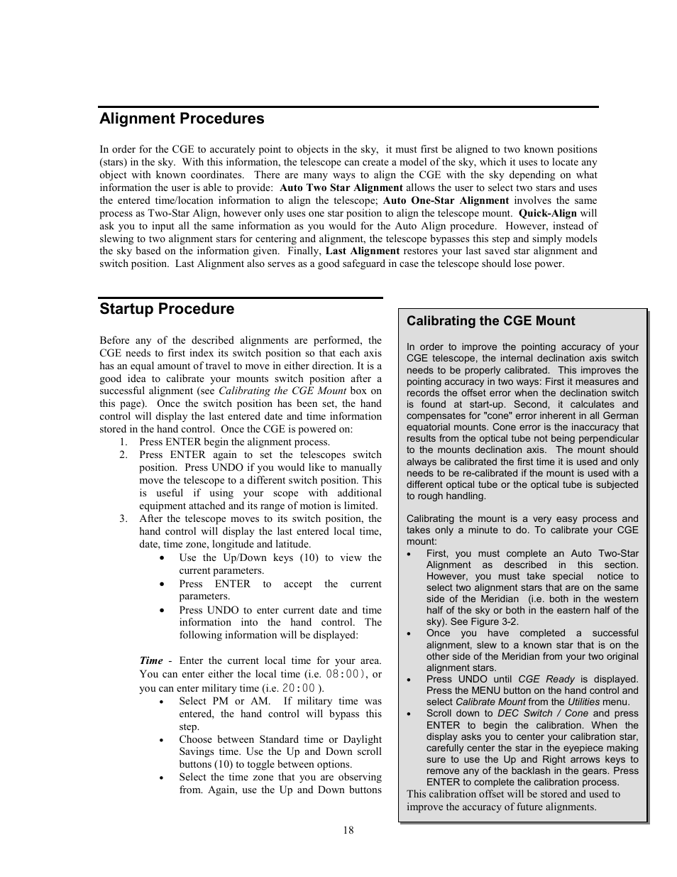 Alignment procedures, Startup procedure | Celestron CGE1100 User Manual | Page 18 / 75