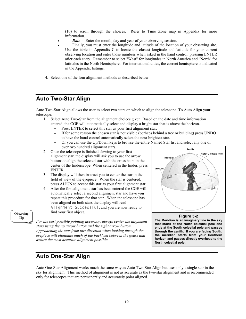 Auto two-star align, Auto one-star align | Celestron CGE1100 User Manual | Page 19 / 75