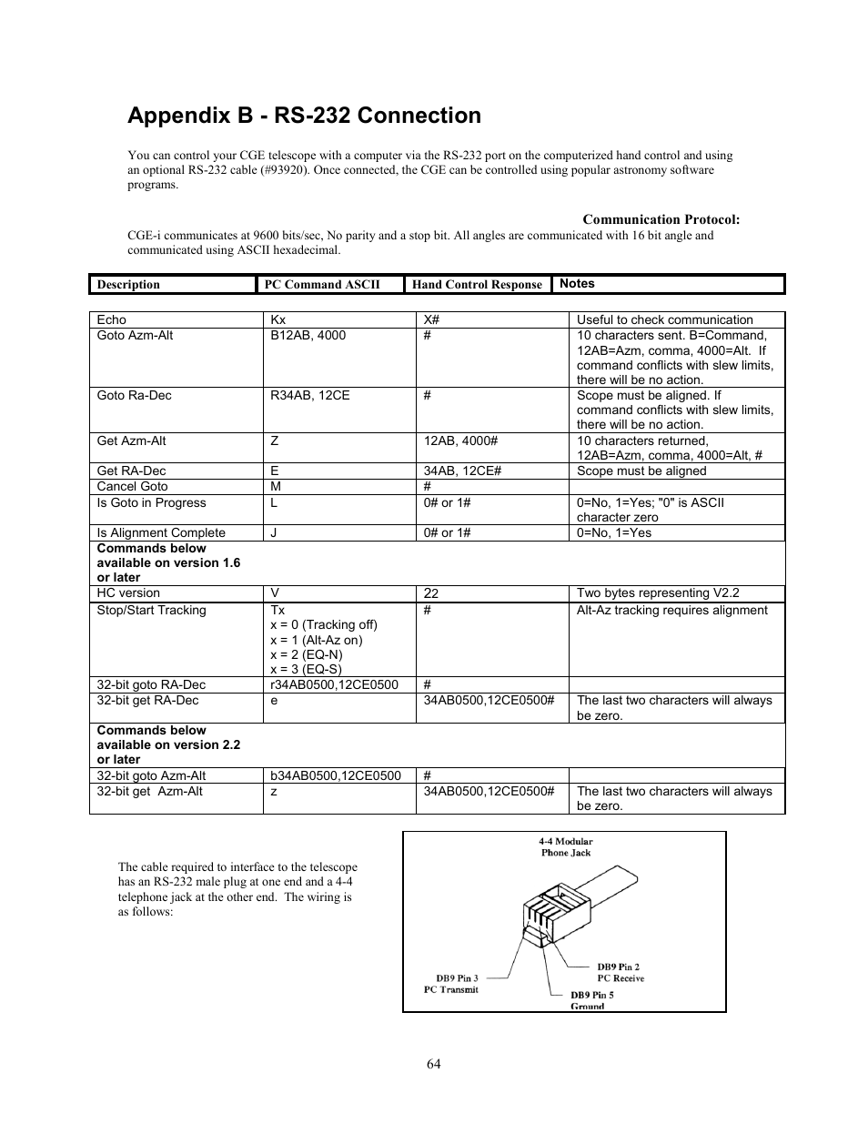 Appendix b - rs-232 connection | Celestron CGE1100 User Manual | Page 64 / 75