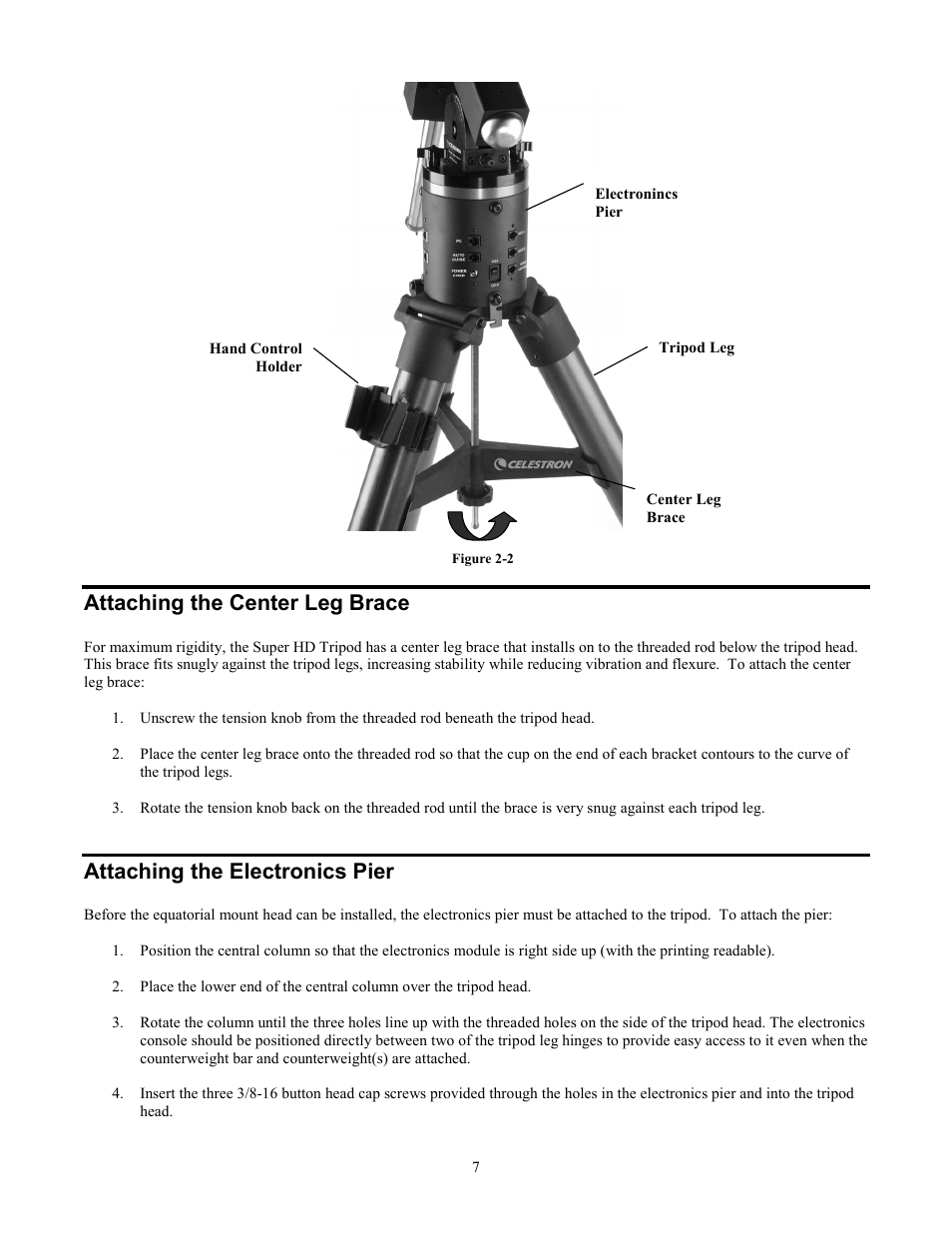 Attaching the center leg brace, Attaching the electronics pier | Celestron CGE1100 User Manual | Page 7 / 75