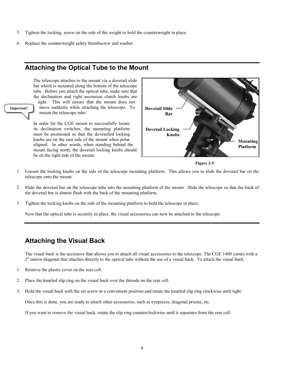 Attaching the optical tube to the mount, Attaching the visual back | Celestron CGE1100 User Manual | Page 9 / 75