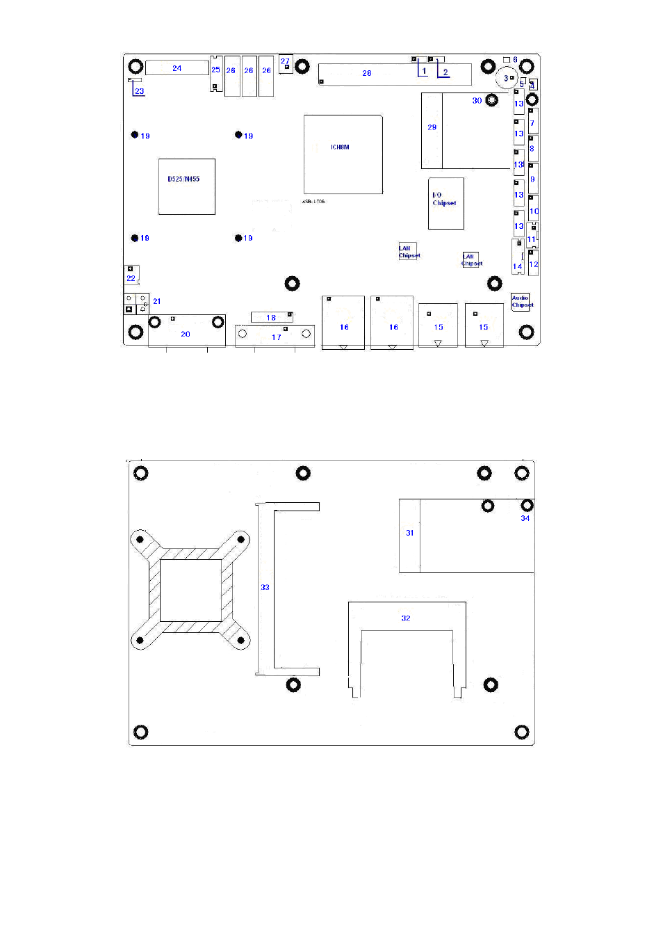 Jumpers and connectors location-top, Jumpers and connectors location, Bottom | Aplex Technology ACS-2120 User Manual | Page 11 / 59