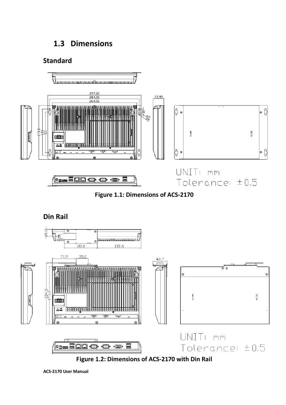 3 dimensions………………………....…………………………………………….….9, 3 dimensions, Standard | Din rail | Aplex Technology ACS-2170 User Manual | Page 10 / 77