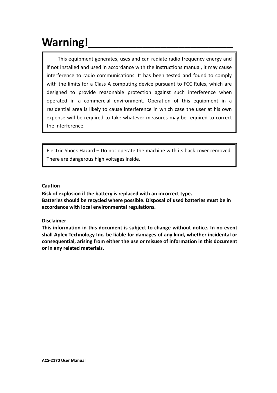 Warning | Aplex Technology ACS-2170 User Manual | Page 3 / 77