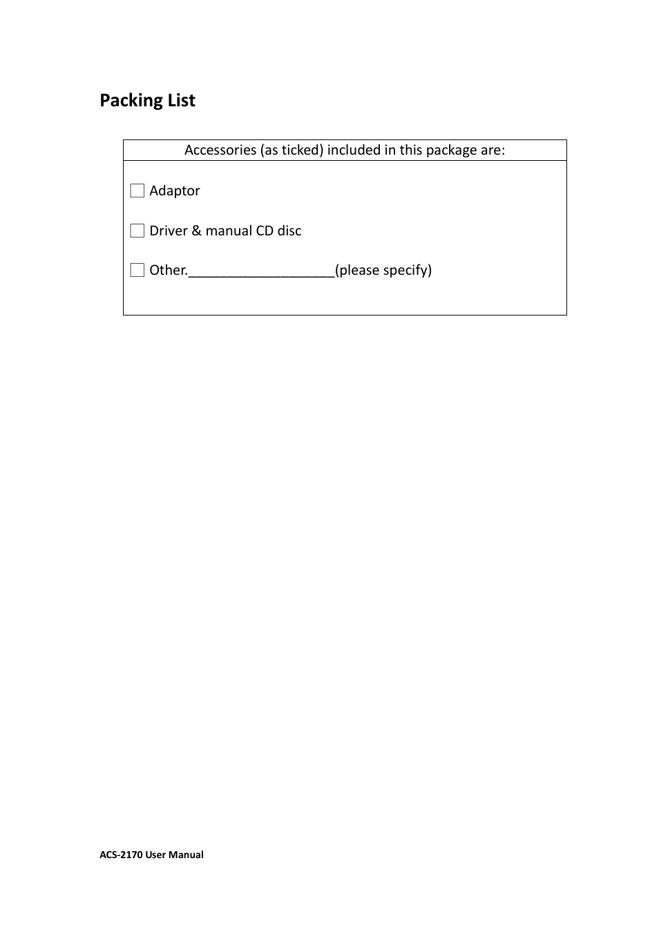 Packing list | Aplex Technology ACS-2170 User Manual | Page 4 / 77