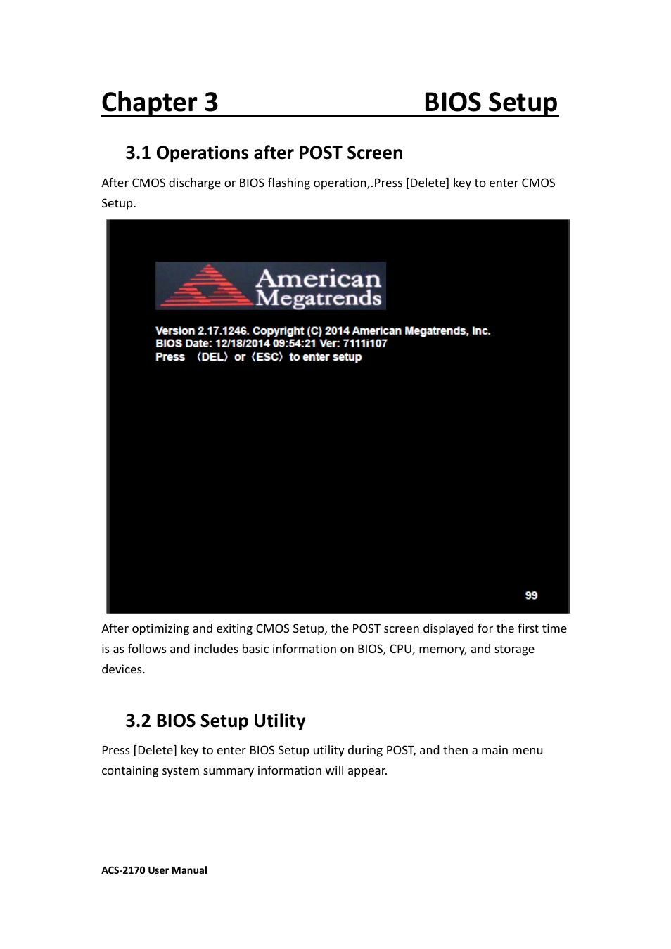 Chapter 3 bios setup, 2 bios setup utility…………………………………………….………………….4, 1 operations after post screen | 2 bios setup utility | Aplex Technology ACS-2170 User Manual | Page 46 / 77