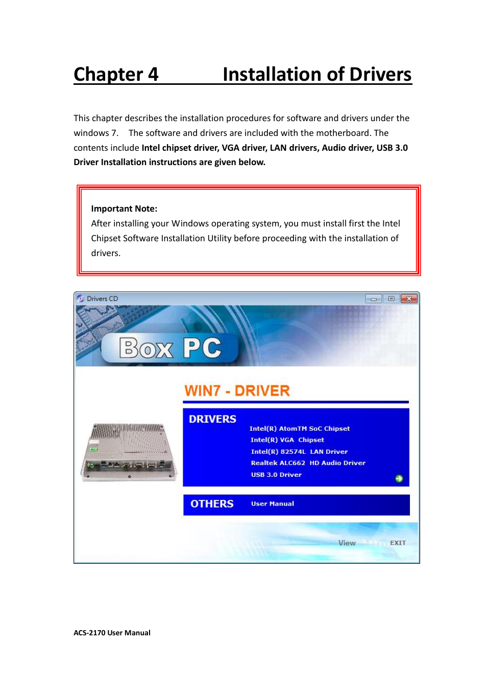 Chapter 4 installation of drivers | Aplex Technology ACS-2170 User Manual | Page 62 / 77