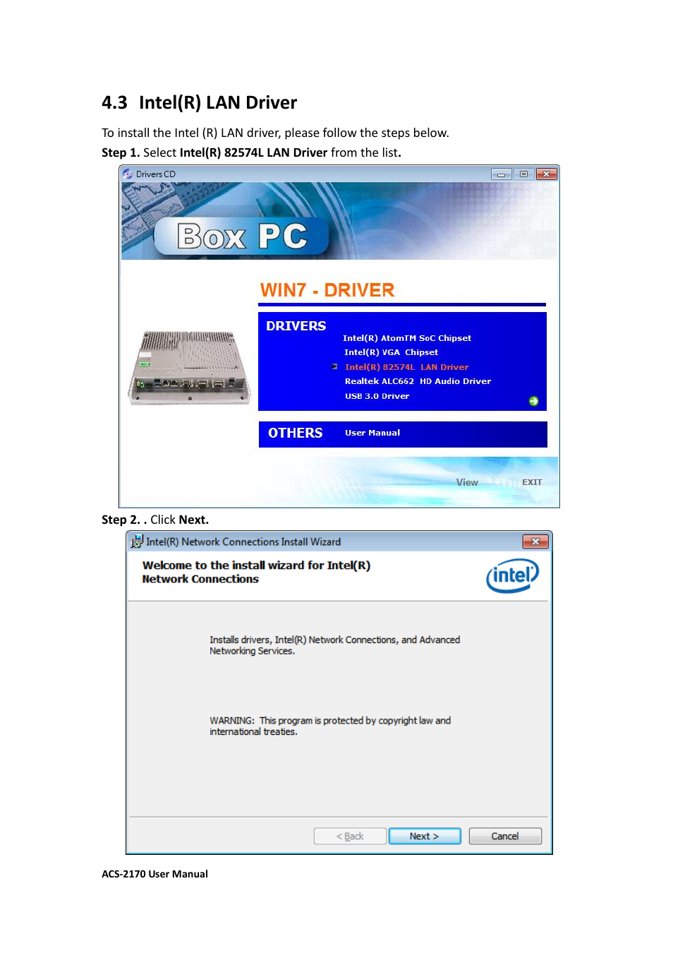 3 intel (r) lan driver, 3 intel(r) lan driver | Aplex Technology ACS-2170 User Manual | Page 70 / 77