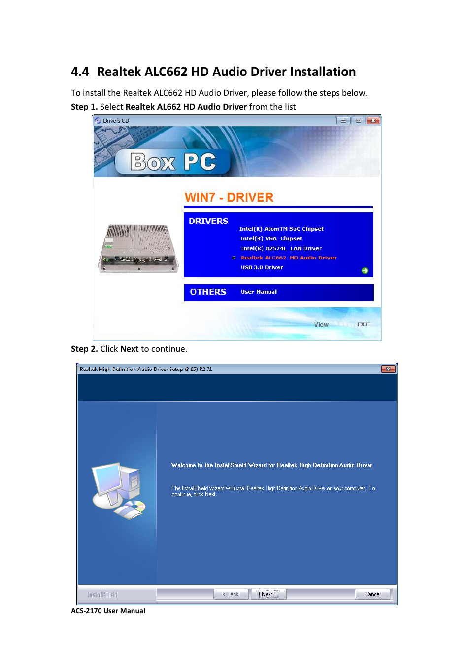 4 realtek alc662 hd audio driver installation | Aplex Technology ACS-2170 User Manual | Page 73 / 77