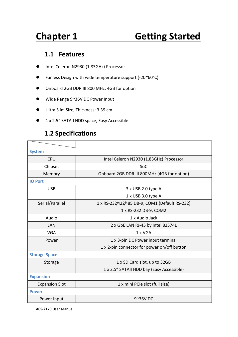 Chapter 1 getting started, 1 features, 2 specifications…………………...……………………………………………….….7 | 2 specifications | Aplex Technology ACS-2170 User Manual | Page 8 / 77