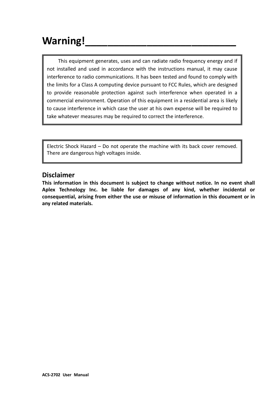 Warning, Disclaimer | Aplex Technology ACS-2702 User Manual | Page 3 / 48